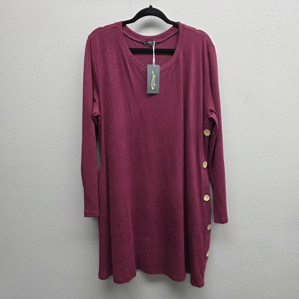 Ofeefan Tunic Dress Womens 2XL Burgundy Long Sleeve Button Side Pockets Casual